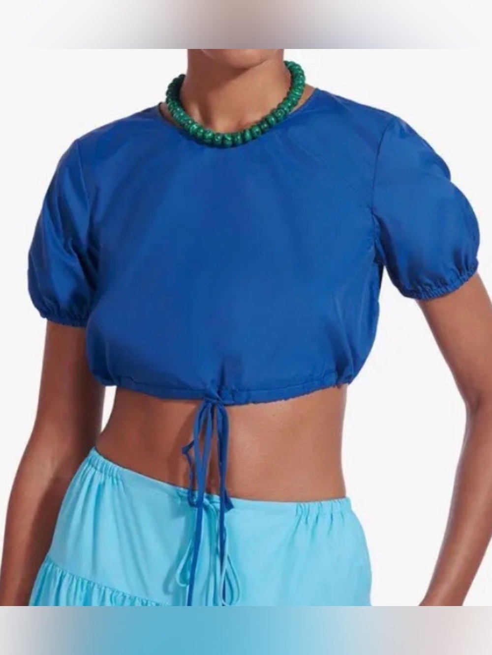 Staud Blue Drawstring Short Sleeve Crop Top Coastal Evil Eye Bohemian Size XS